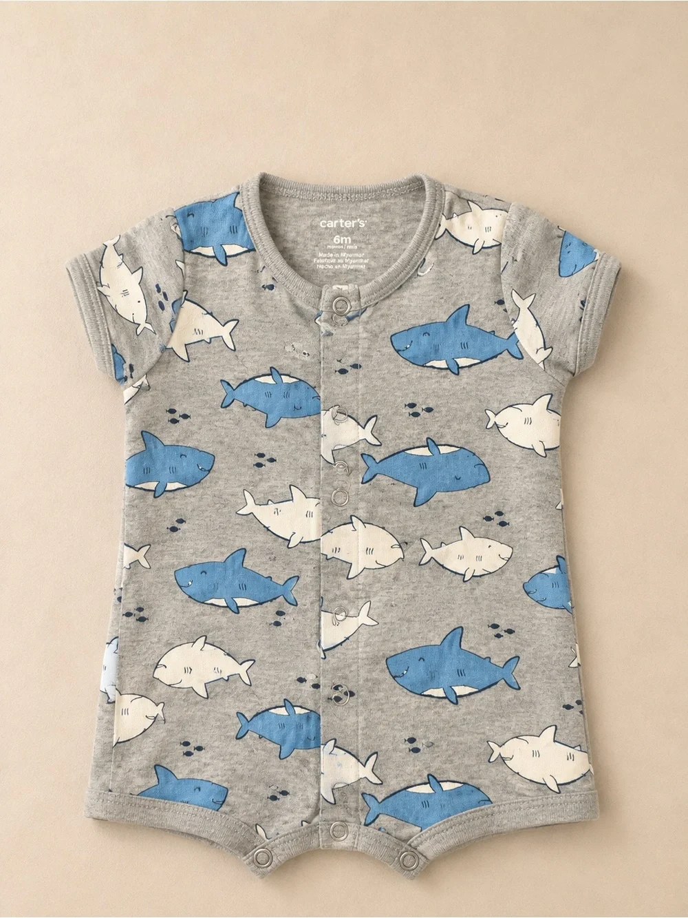 Carter's Gray Romper with Blue & White Shark Print
